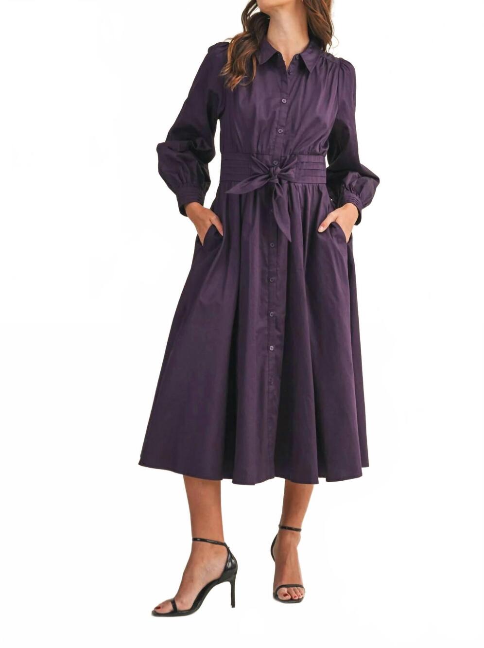 NEW &MERCI pintuck waist tie front midi dress in eggplant